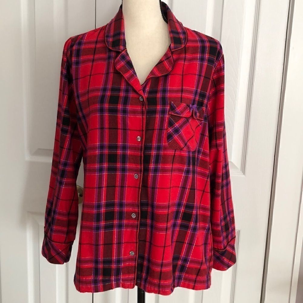 Victoria's Secret Plaid Flannel Pajama Top Metallic Lurex Red Purple Size M - Picture 2 of 15